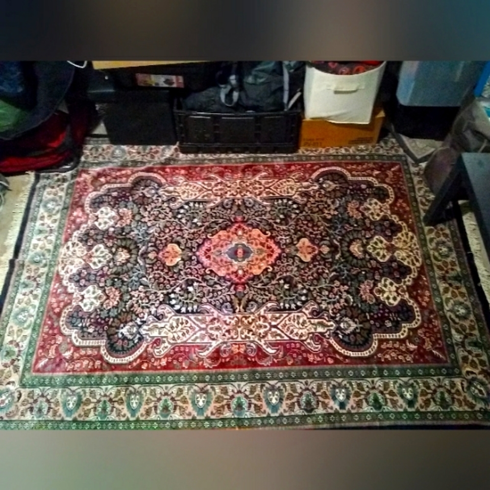 Vintage authentic red Persian silk rug